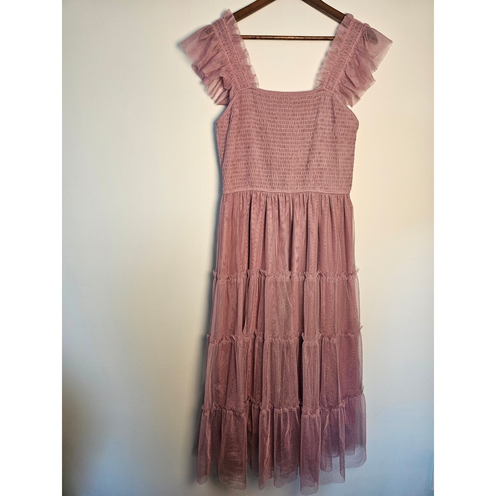 Cottagecore PrettyGarden Tulle Midi Dress Women Large Pink Smocked Tiered Ruffle